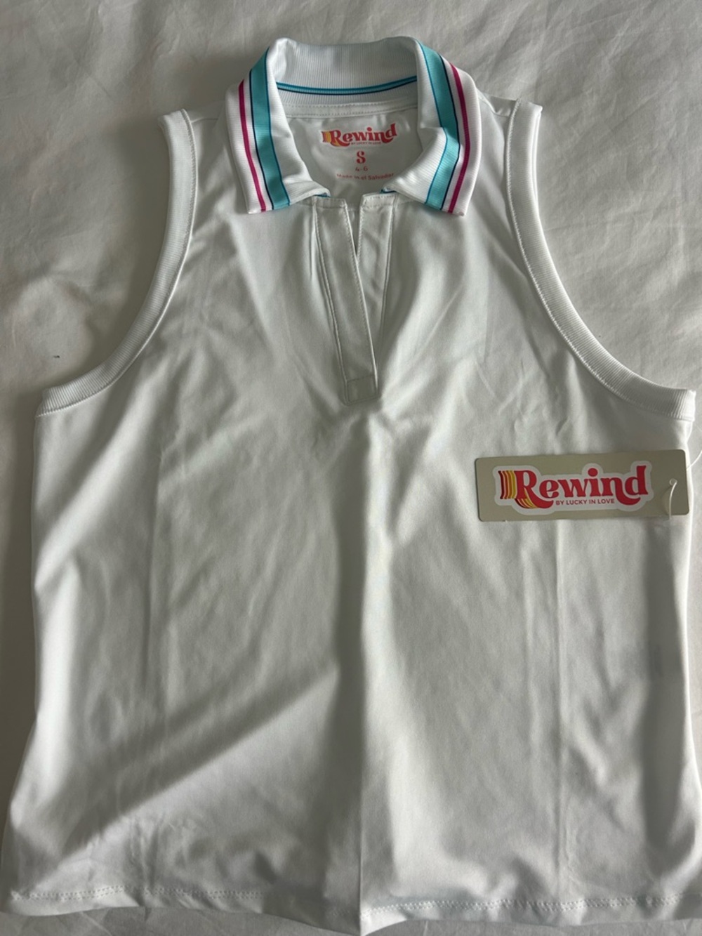 NWT Rewind by Lucky in Love White Sleeveless Polo with Teal and Pink Trim